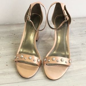 Rose Gold Satin Pearl Studded Block Heels Sandals